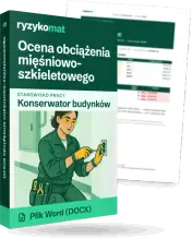 Pudełko dokumentu „Ocena obciążenia mięśniowo-szkieletowego” ze znakiem Ryzykomat i napisem „Plik Word (DOCX)” na froncie, ilustracja stanowiska „Konserwator budynków”; zza pudełka wystaje strona prawdziwego dokumentu z rozmytą treścią