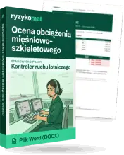 Pudełko dokumentu „Ocena obciążenia mięśniowo-szkieletowego” ze znakiem Ryzykomat i napisem „Plik Word (DOCX)” na froncie, ilustracja stanowiska „Kontroler ruchu lotniczego”; zza pudełka wystaje strona prawdziwego dokumentu z rozmytą treścią