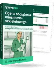 Pudełko dokumentu „Ocena obciążenia mięśniowo-szkieletowego” ze znakiem Ryzykomat i napisem „Plik Word (DOCX)” na froncie, ilustracja stanowiska „Koordynator pobierania i przeszczepiania tkanek i narządów”; zza pudełka wystaje strona prawdziwego dokumentu z rozmytą treścią