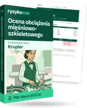 Pudełko dokumentu „Ocena obciążenia mięśniowo-szkieletowego” ze znakiem Ryzykomat i napisem „Plik Word (DOCX)” na froncie, ilustracja stanowiska „Krupier”; zza pudełka wystaje strona prawdziwego dokumentu z rozmytą treścią