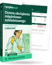 Pudełko dokumentu „Ocena obciążenia mięśniowo-szkieletowego” ze znakiem Ryzykomat i napisem „Plik Word (DOCX)” na froncie, ilustracja stanowiska „Laborant”; zza pudełka wystaje strona prawdziwego dokumentu z rozmytą treścią