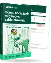 Pudełko dokumentu „Ocena obciążenia mięśniowo-szkieletowego” ze znakiem Ryzykomat i napisem „Plik Word (DOCX)” na froncie, ilustracja stanowiska „Lakiernik samochodowy”; zza pudełka wystaje strona prawdziwego dokumentu z rozmytą treścią