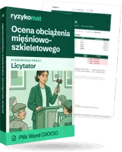Pudełko dokumentu „Ocena obciążenia mięśniowo-szkieletowego” ze znakiem Ryzykomat i napisem „Plik Word (DOCX)” na froncie, ilustracja stanowiska „Licytator”; zza pudełka wystaje strona prawdziwego dokumentu z rozmytą treścią