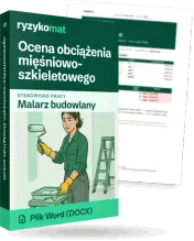 Pudełko dokumentu „Ocena obciążenia mięśniowo-szkieletowego” ze znakiem Ryzykomat i napisem „Plik Word (DOCX)” na froncie, ilustracja stanowiska „Malarz budowlany”; zza pudełka wystaje strona prawdziwego dokumentu z rozmytą treścią
