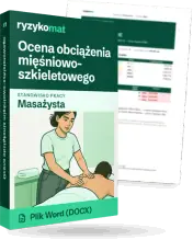 Pudełko dokumentu „Ocena obciążenia mięśniowo-szkieletowego” ze znakiem Ryzykomat i napisem „Plik Word (DOCX)” na froncie, ilustracja stanowiska „Masażysta”; zza pudełka wystaje strona prawdziwego dokumentu z rozmytą treścią