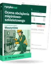 Pudełko dokumentu „Ocena obciążenia mięśniowo-szkieletowego” ze znakiem Ryzykomat i napisem „Plik Word (DOCX)” na froncie, ilustracja stanowiska „Maszynista”; zza pudełka wystaje strona prawdziwego dokumentu z rozmytą treścią