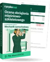 Pudełko dokumentu „Ocena obciążenia mięśniowo-szkieletowego” ze znakiem Ryzykomat i napisem „Plik Word (DOCX)” na froncie, ilustracja stanowiska „Mechanik samochodowy”; zza pudełka wystaje strona prawdziwego dokumentu z rozmytą treścią
