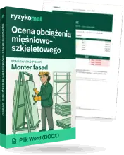 Pudełko dokumentu „Ocena obciążenia mięśniowo-szkieletowego” ze znakiem Ryzykomat i napisem „Plik Word (DOCX)” na froncie, ilustracja stanowiska „Monter fasad”; zza pudełka wystaje strona prawdziwego dokumentu z rozmytą treścią