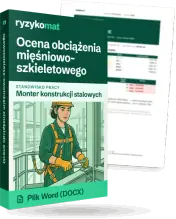 Pudełko dokumentu „Ocena obciążenia mięśniowo-szkieletowego” ze znakiem Ryzykomat i napisem „Plik Word (DOCX)” na froncie, ilustracja stanowiska „Monter konstrukcji stalowych”; zza pudełka wystaje strona prawdziwego dokumentu z rozmytą treścią