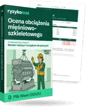 Pudełko dokumentu „Ocena obciążenia mięśniowo-szkieletowego” ze znakiem Ryzykomat i napisem „Plik Word (DOCX)” na froncie, ilustracja stanowiska „Monter maszyn i urządzeń okrętowych”; zza pudełka wystaje strona prawdziwego dokumentu z rozmytą treścią