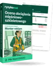 Pudełko dokumentu „Ocena obciążenia mięśniowo-szkieletowego” ze znakiem Ryzykomat i napisem „Plik Word (DOCX)” na froncie, ilustracja stanowiska „Monter reklam”; zza pudełka wystaje strona prawdziwego dokumentu z rozmytą treścią