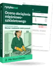 Pudełko dokumentu „Ocena obciążenia mięśniowo-szkieletowego” ze znakiem Ryzykomat i napisem „Plik Word (DOCX)” na froncie, ilustracja stanowiska „Monter rozdzielnic elektrycznych”; zza pudełka wystaje strona prawdziwego dokumentu z rozmytą treścią