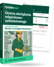 Pudełko dokumentu „Ocena obciążenia mięśniowo-szkieletowego” ze znakiem Ryzykomat i napisem „Plik Word (DOCX)” na froncie, ilustracja stanowiska „Monter rurociągów okrętowych”; zza pudełka wystaje strona prawdziwego dokumentu z rozmytą treścią