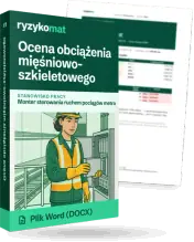 Pudełko dokumentu „Ocena obciążenia mięśniowo-szkieletowego” ze znakiem Ryzykomat i napisem „Plik Word (DOCX)” na froncie, ilustracja stanowiska „Monter sterowania ruchem pociągów metra”; zza pudełka wystaje strona prawdziwego dokumentu z rozmytą treścią