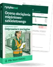 Pudełko dokumentu „Ocena obciążenia mięśniowo-szkieletowego” ze znakiem Ryzykomat i napisem „Plik Word (DOCX)” na froncie, ilustracja stanowiska „Odprawiacz pociągów”; zza pudełka wystaje strona prawdziwego dokumentu z rozmytą treścią