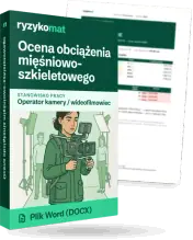 Pudełko dokumentu „Ocena obciążenia mięśniowo-szkieletowego” ze znakiem Ryzykomat i napisem „Plik Word (DOCX)” na froncie, ilustracja stanowiska „Operator kamery / wideofilmowiec”; zza pudełka wystaje strona prawdziwego dokumentu z rozmytą treścią
