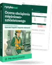 Pudełko dokumentu „Ocena obciążenia mięśniowo-szkieletowego” ze znakiem Ryzykomat i napisem „Plik Word (DOCX)” na froncie, ilustracja stanowiska „Operator koparki / koparko-ładowarki”; zza pudełka wystaje strona prawdziwego dokumentu z rozmytą treścią
