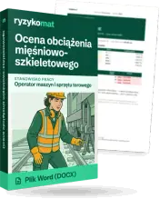 Pudełko dokumentu „Ocena obciążenia mięśniowo-szkieletowego” ze znakiem Ryzykomat i napisem „Plik Word (DOCX)” na froncie, ilustracja stanowiska „Operator maszyn i sprzętu torowego”; zza pudełka wystaje strona prawdziwego dokumentu z rozmytą treścią