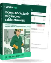 Pudełko dokumentu „Ocena obciążenia mięśniowo-szkieletowego” ze znakiem Ryzykomat i napisem „Plik Word (DOCX)” na froncie, ilustracja stanowiska „Operator pieców do obróbki cieplnej (hartownia)”; zza pudełka wystaje strona prawdziwego dokumentu z rozmytą treścią