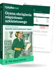 Pudełko dokumentu „Ocena obciążenia mięśniowo-szkieletowego” ze znakiem Ryzykomat i napisem „Plik Word (DOCX)” na froncie, ilustracja stanowiska „Operator pras kuźniczych / kowal”; zza pudełka wystaje strona prawdziwego dokumentu z rozmytą treścią