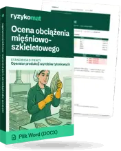 Pudełko dokumentu „Ocena obciążenia mięśniowo-szkieletowego” ze znakiem Ryzykomat i napisem „Plik Word (DOCX)” na froncie, ilustracja stanowiska „Operator produkcji wyrobów tytoniowych”; zza pudełka wystaje strona prawdziwego dokumentu z rozmytą treścią