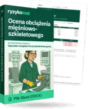 Pudełko dokumentu „Ocena obciążenia mięśniowo-szkieletowego” ze znakiem Ryzykomat i napisem „Plik Word (DOCX)” na froncie, ilustracja stanowiska „Operator urządzeń do przetwórstwa gumy”; zza pudełka wystaje strona prawdziwego dokumentu z rozmytą treścią