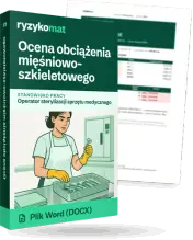 Pudełko dokumentu „Ocena obciążenia mięśniowo-szkieletowego” ze znakiem Ryzykomat i napisem „Plik Word (DOCX)” na froncie, ilustracja stanowiska „Operator sterylizacji sprzętu medycznego”; zza pudełka wystaje strona prawdziwego dokumentu z rozmytą treścią