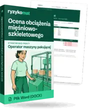 Pudełko dokumentu „Ocena obciążenia mięśniowo-szkieletowego” ze znakiem Ryzykomat i napisem „Plik Word (DOCX)” na froncie, ilustracja stanowiska „Operator maszyny pakującej”; zza pudełka wystaje strona prawdziwego dokumentu z rozmytą treścią