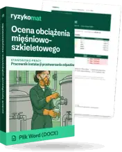 Pudełko dokumentu „Ocena obciążenia mięśniowo-szkieletowego” ze znakiem Ryzykomat i napisem „Plik Word (DOCX)” na froncie, ilustracja stanowiska „Pracownik instalacji przetwarzania odpadów”; zza pudełka wystaje strona prawdziwego dokumentu z rozmytą treścią
