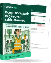 Pudełko dokumentu „Ocena obciążenia mięśniowo-szkieletowego” ze znakiem Ryzykomat i napisem „Plik Word (DOCX)” na froncie, ilustracja stanowiska „Opiekun dzieci w drodze do szkoły”; zza pudełka wystaje strona prawdziwego dokumentu z rozmytą treścią
