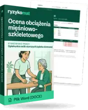 Pudełko dokumentu „Ocena obciążenia mięśniowo-szkieletowego” ze znakiem Ryzykomat i napisem „Plik Word (DOCX)” na froncie, ilustracja stanowiska „Opiekunka osób starszych (opieka domowa)”; zza pudełka wystaje strona prawdziwego dokumentu z rozmytą treścią