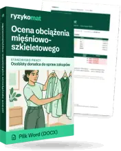 Pudełko dokumentu „Ocena obciążenia mięśniowo-szkieletowego” ze znakiem Ryzykomat i napisem „Plik Word (DOCX)” na froncie, ilustracja stanowiska „Osobisty doradca do spraw zakupów”; zza pudełka wystaje strona prawdziwego dokumentu z rozmytą treścią