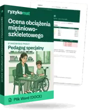 Pudełko dokumentu „Ocena obciążenia mięśniowo-szkieletowego” ze znakiem Ryzykomat i napisem „Plik Word (DOCX)” na froncie, ilustracja stanowiska „Pedagog specjalny”; zza pudełka wystaje strona prawdziwego dokumentu z rozmytą treścią