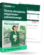 Pudełko dokumentu „Ocena obciążenia mięśniowo-szkieletowego” ze znakiem Ryzykomat i napisem „Plik Word (DOCX)” na froncie, ilustracja stanowiska „Pilot wycieczek”; zza pudełka wystaje strona prawdziwego dokumentu z rozmytą treścią