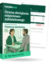 Pudełko dokumentu „Ocena obciążenia mięśniowo-szkieletowego” ze znakiem Ryzykomat i napisem „Plik Word (DOCX)” na froncie, ilustracja stanowiska „Poborca skarbowy”; zza pudełka wystaje strona prawdziwego dokumentu z rozmytą treścią