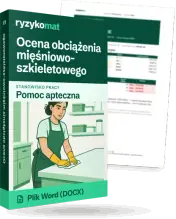 Pudełko dokumentu „Ocena obciążenia mięśniowo-szkieletowego” ze znakiem Ryzykomat i napisem „Plik Word (DOCX)” na froncie, ilustracja stanowiska „Pomoc apteczna”; zza pudełka wystaje strona prawdziwego dokumentu z rozmytą treścią