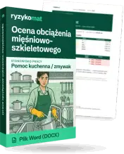 Pudełko dokumentu „Ocena obciążenia mięśniowo-szkieletowego” ze znakiem Ryzykomat i napisem „Plik Word (DOCX)” na froncie, ilustracja stanowiska „Pomoc kuchenna / zmywak”; zza pudełka wystaje strona prawdziwego dokumentu z rozmytą treścią