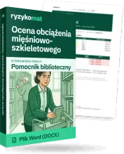 Pudełko dokumentu „Ocena obciążenia mięśniowo-szkieletowego” ze znakiem Ryzykomat i napisem „Plik Word (DOCX)” na froncie, ilustracja stanowiska „Pomocnik biblioteczny”; zza pudełka wystaje strona prawdziwego dokumentu z rozmytą treścią