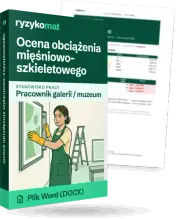 Pudełko dokumentu „Ocena obciążenia mięśniowo-szkieletowego” ze znakiem Ryzykomat i napisem „Plik Word (DOCX)” na froncie, ilustracja stanowiska „Pracownik galerii / muzeum”; zza pudełka wystaje strona prawdziwego dokumentu z rozmytą treścią