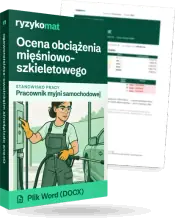 Pudełko dokumentu „Ocena obciążenia mięśniowo-szkieletowego” ze znakiem Ryzykomat i napisem „Plik Word (DOCX)” na froncie, ilustracja stanowiska „Pracownik myjni samochodowej”; zza pudełka wystaje strona prawdziwego dokumentu z rozmytą treścią