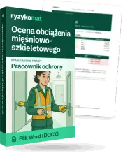 Pudełko dokumentu „Ocena obciążenia mięśniowo-szkieletowego” ze znakiem Ryzykomat i napisem „Plik Word (DOCX)” na froncie, ilustracja stanowiska „Pracownik ochrony”; zza pudełka wystaje strona prawdziwego dokumentu z rozmytą treścią