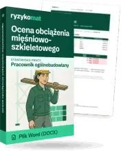 Pudełko dokumentu „Ocena obciążenia mięśniowo-szkieletowego” ze znakiem Ryzykomat i napisem „Plik Word (DOCX)” na froncie, ilustracja stanowiska „Pracownik ogólnobudowlany”; zza pudełka wystaje strona prawdziwego dokumentu z rozmytą treścią