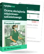 Pudełko dokumentu „Ocena obciążenia mięśniowo-szkieletowego” ze znakiem Ryzykomat i napisem „Plik Word (DOCX)” na froncie, ilustracja stanowiska „Pracownik pralni”; zza pudełka wystaje strona prawdziwego dokumentu z rozmytą treścią