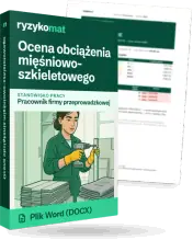 Pudełko dokumentu „Ocena obciążenia mięśniowo-szkieletowego” ze znakiem Ryzykomat i napisem „Plik Word (DOCX)” na froncie, ilustracja stanowiska „Pracownik firmy przeprowadzkowej”; zza pudełka wystaje strona prawdziwego dokumentu z rozmytą treścią