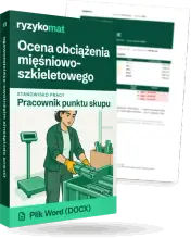 Pudełko dokumentu „Ocena obciążenia mięśniowo-szkieletowego” ze znakiem Ryzykomat i napisem „Plik Word (DOCX)” na froncie, ilustracja stanowiska „Pracownik punktu skupu”; zza pudełka wystaje strona prawdziwego dokumentu z rozmytą treścią