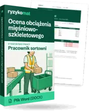 Pudełko dokumentu „Ocena obciążenia mięśniowo-szkieletowego” ze znakiem Ryzykomat i napisem „Plik Word (DOCX)” na froncie, ilustracja stanowiska „Pracownik sortowni”; zza pudełka wystaje strona prawdziwego dokumentu z rozmytą treścią