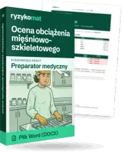 Pudełko dokumentu „Ocena obciążenia mięśniowo-szkieletowego” ze znakiem Ryzykomat i napisem „Plik Word (DOCX)” na froncie, ilustracja stanowiska „Preparator medyczny”; zza pudełka wystaje strona prawdziwego dokumentu z rozmytą treścią