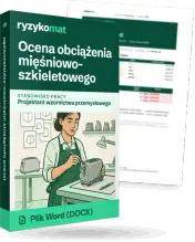 Pudełko dokumentu „Ocena obciążenia mięśniowo-szkieletowego” ze znakiem Ryzykomat i napisem „Plik Word (DOCX)” na froncie, ilustracja stanowiska „Projektant wzornictwa przemysłowego”; zza pudełka wystaje strona prawdziwego dokumentu z rozmytą treścią