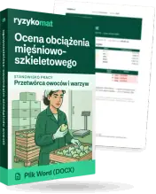 Pudełko dokumentu „Ocena obciążenia mięśniowo-szkieletowego” ze znakiem Ryzykomat i napisem „Plik Word (DOCX)” na froncie, ilustracja stanowiska „Przetwórca owoców i warzyw”; zza pudełka wystaje strona prawdziwego dokumentu z rozmytą treścią