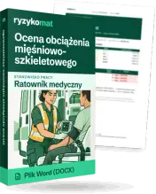 Pudełko dokumentu „Ocena obciążenia mięśniowo-szkieletowego” ze znakiem Ryzykomat i napisem „Plik Word (DOCX)” na froncie, ilustracja stanowiska „Ratownik medyczny”; zza pudełka wystaje strona prawdziwego dokumentu z rozmytą treścią